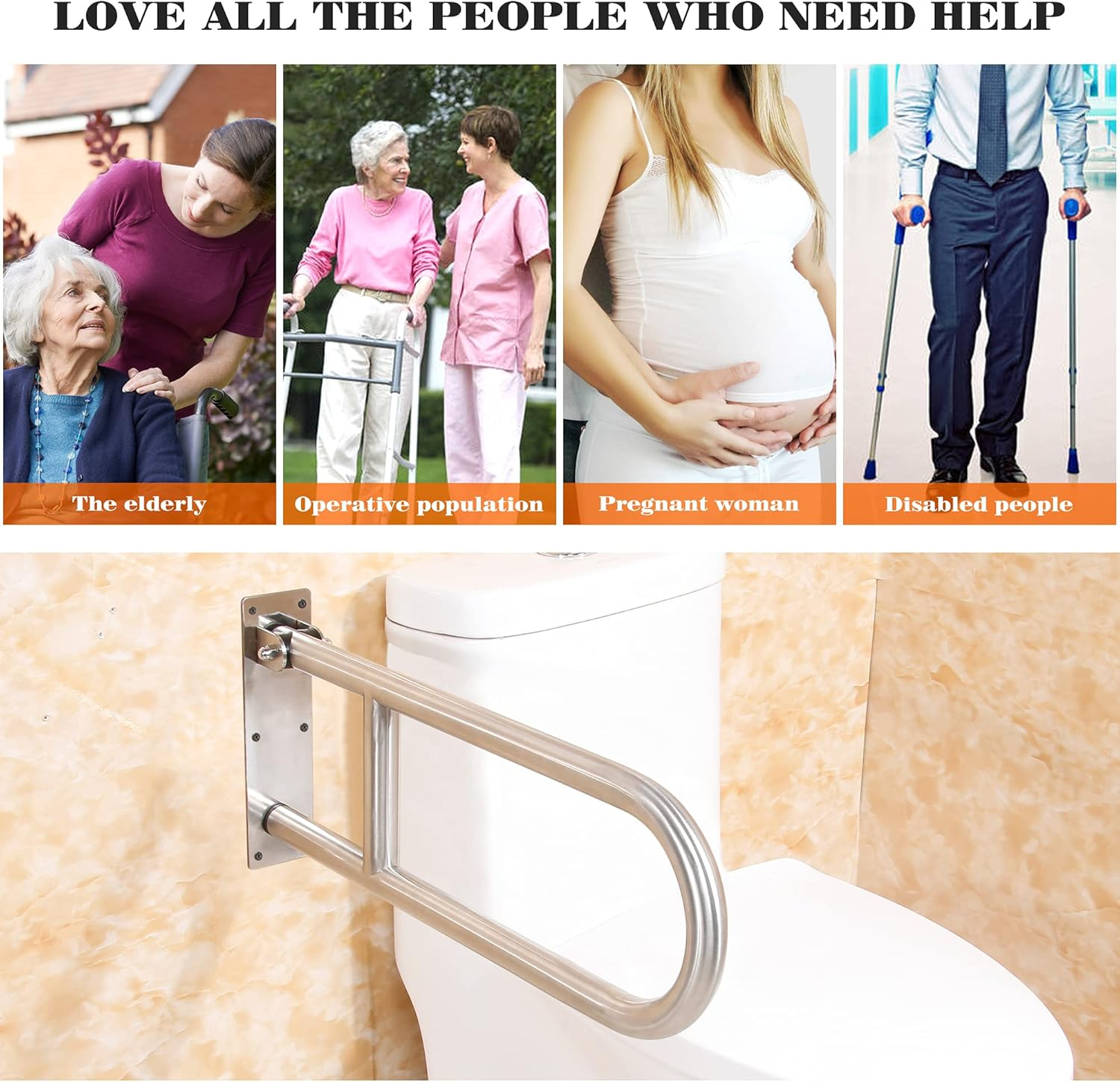 Huart Grab Bars for Bathroom, Stainless Steel Flip-Up Shower Grab Bar, Elderly, Handicapped, 24 in