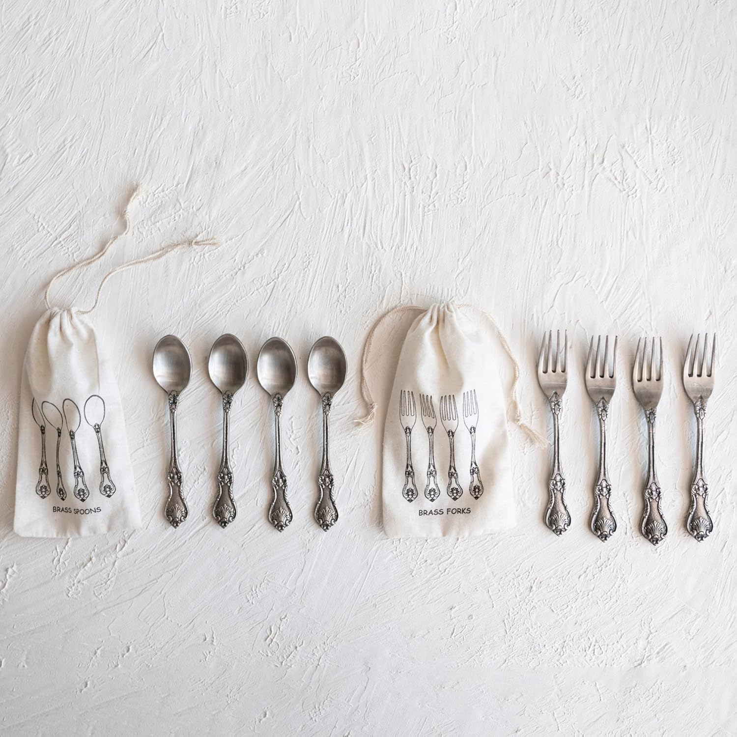 Creative Co-Op Vintage Embossed Brass Drawstring Bag, Set of 4, Antique Silver Finish Spoon