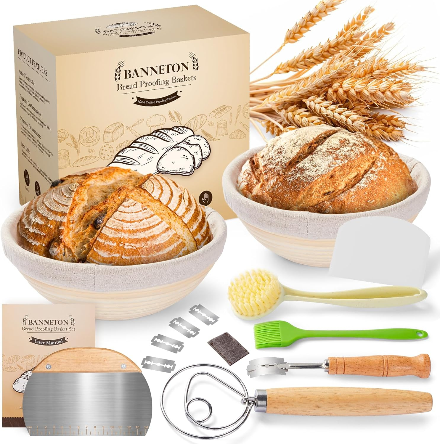Banneton Bread Proofing Basket - Sourdough Starter Kit Banneton Sourdough Proofing Basket Set of 2, Sourdough Bread Baking Supplies for Making Baking Fermentation (9" Round & 10" Oval, 6 Accessories)