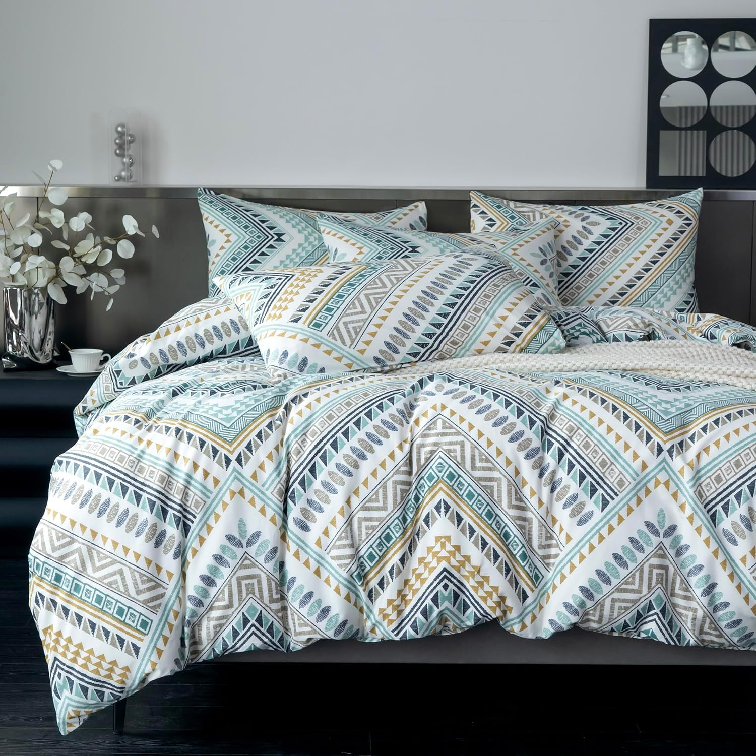 Boho Duvet Cover King, 3 Pieces Boho King Bedding Set, Ethnic Yellow White Green Louvre Bohemian Pattern Duvet Covers, 100% Cotton, Luxury Soft Breathable Comfy with Zipper Closure