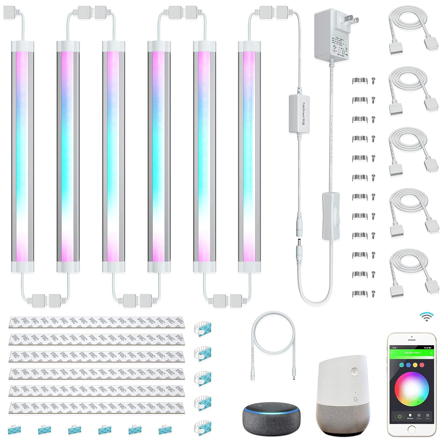 LED Smart Under Cabinet Ligts RGB Multi Color Compatible with Alexa, Google Home Voice Controlled Under Counter Strip Light App Control (6 Lights Bar Kit)