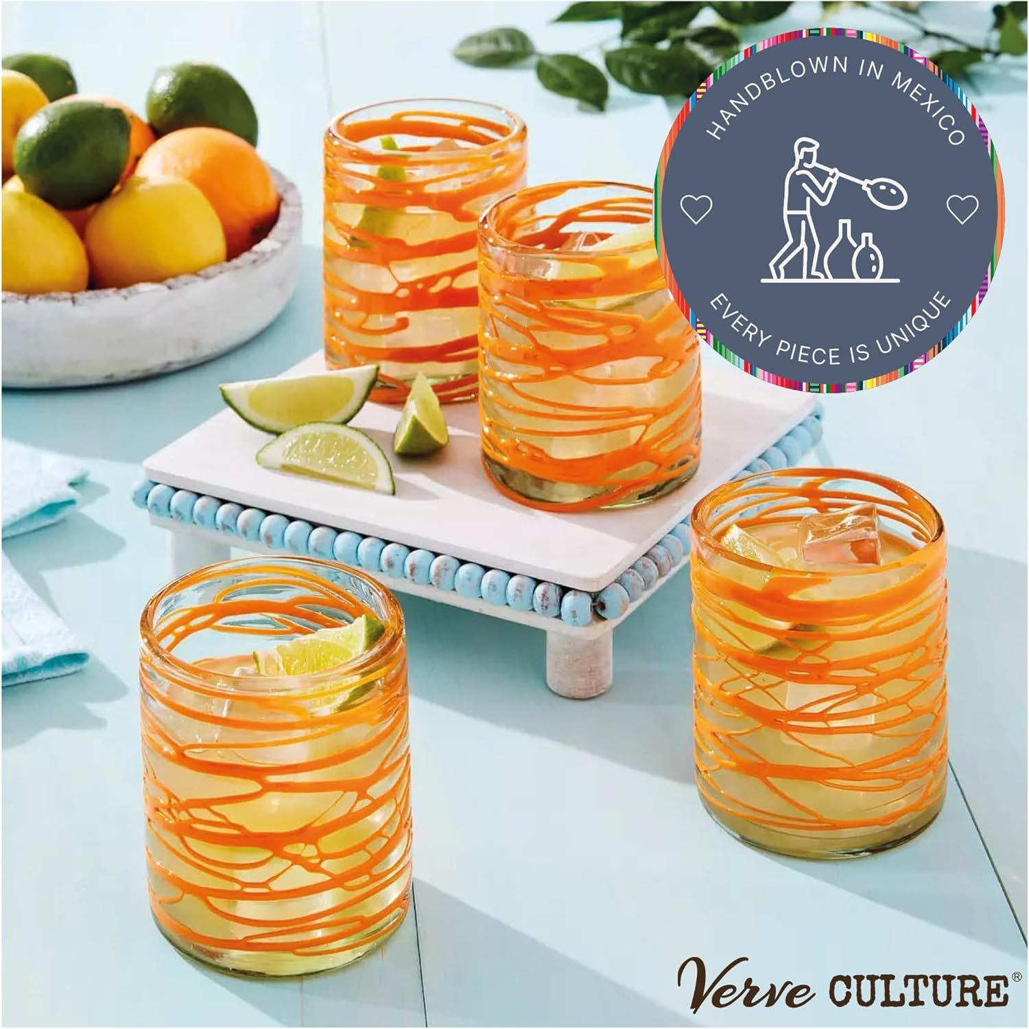 Verve CULTURE Hand Blown Drinking Glasses Set of 4 Orange Swirl Water Glasses | Authentic Mexican Glassware | 13 oz Capacity