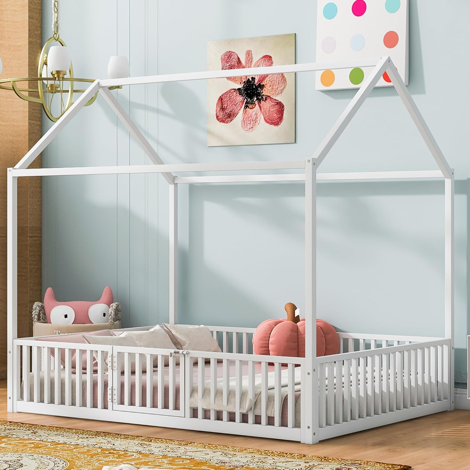 Bellemave Full Size Montessori House Bed for Kids, Metal Floor Beds with Fence Railings & Door, Twin Playhouse Bed for Boys Girls, Box Spring Needed, White