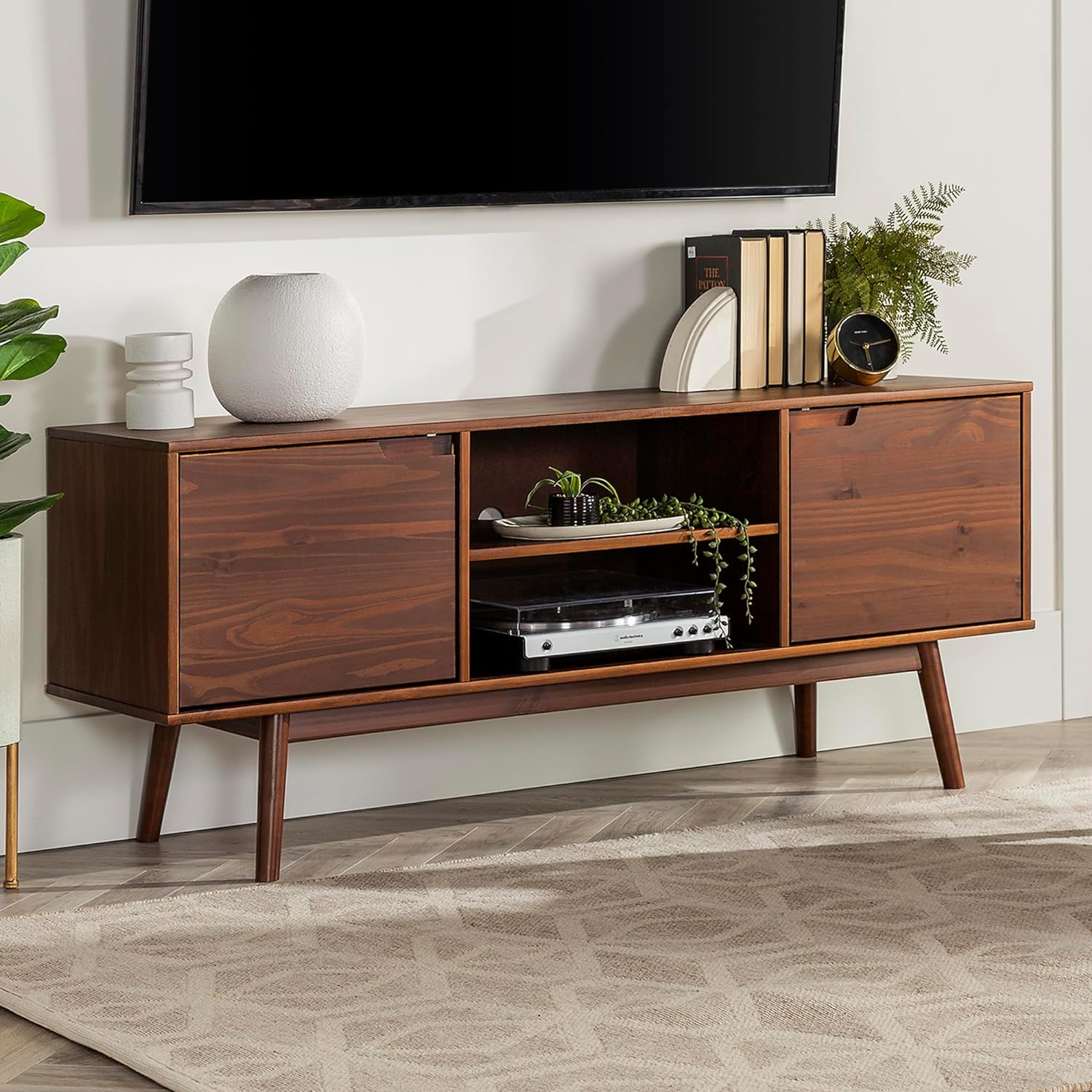 Walnut Solid Wood 58" Modern TV Stand with Cabinet