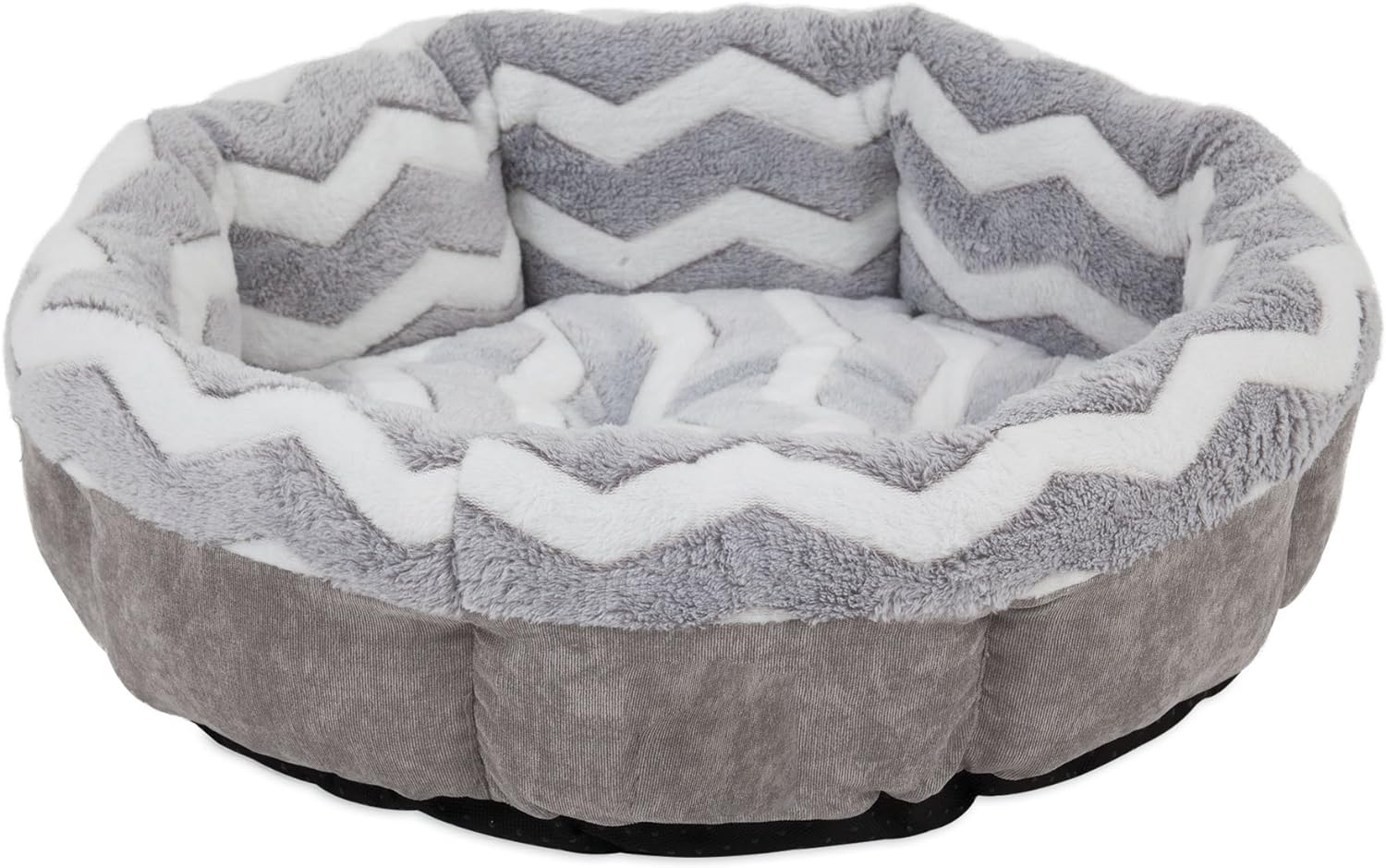 Petmate Zig Zag Gray and White Round Shearling Pet Bed, 21''