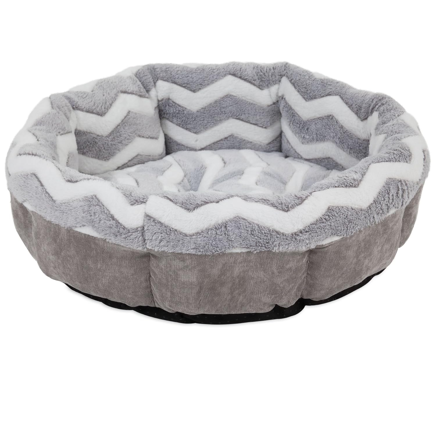 Petmate Round Shearling Bolster Dog Bed, 21'' For Small Dogs & Cats, Zig Zag Gray and White