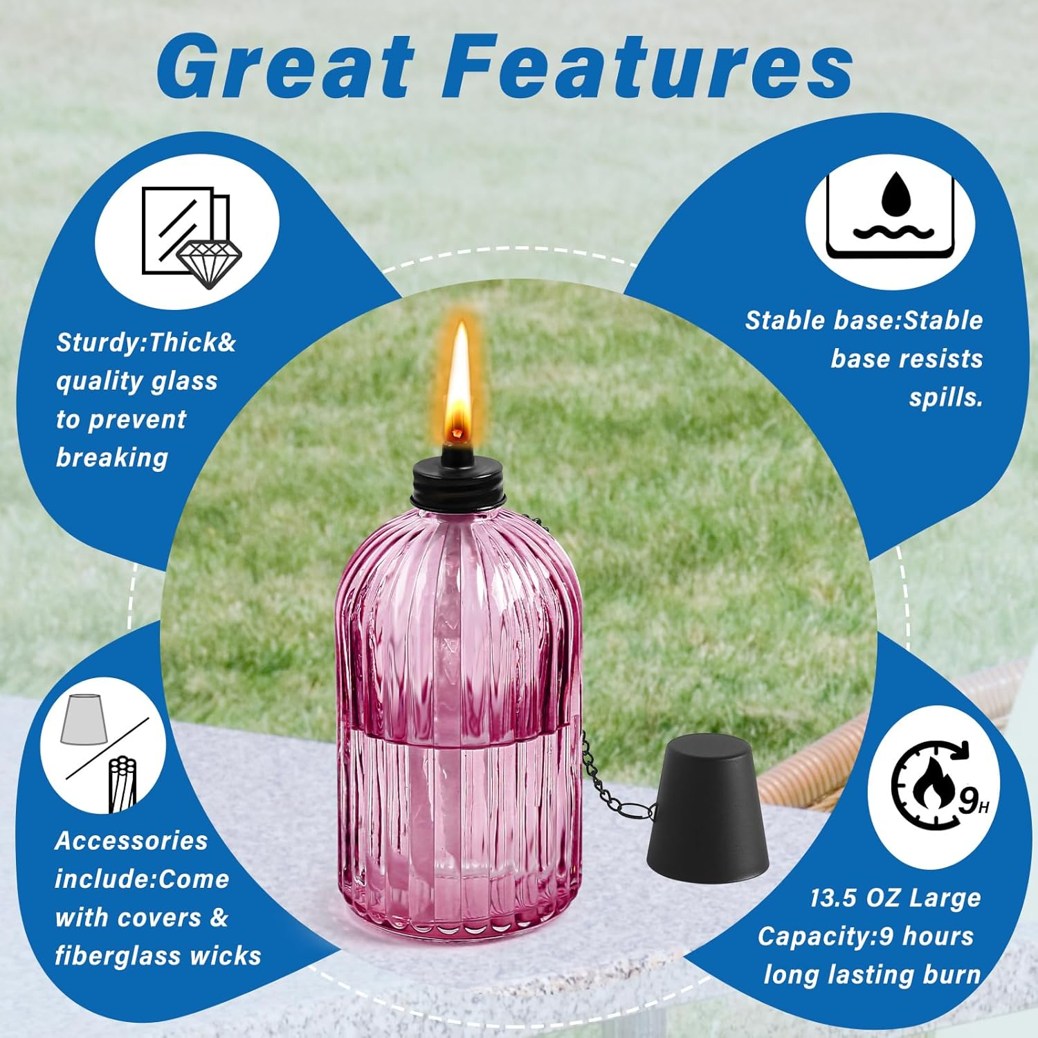 TRAHOO-4 Pack Glass Table top Torch,13.5 oz Citronella Torches for Outside,Refillable Flame Light Torch with Wicks and Covers, Landscape Lanterns Torches for Yard,Patio, Garden,Party Decor, DIY.