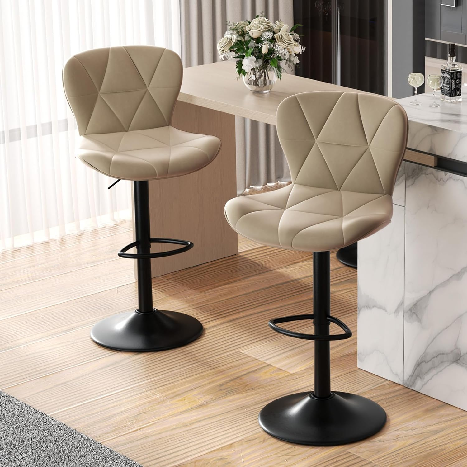 Modern Bar Stool Set of 2, Adjustable Faux Leather Upholstered Swivel Counter Stools, Counter Barstools with Back for Kitchen Island, Khaki