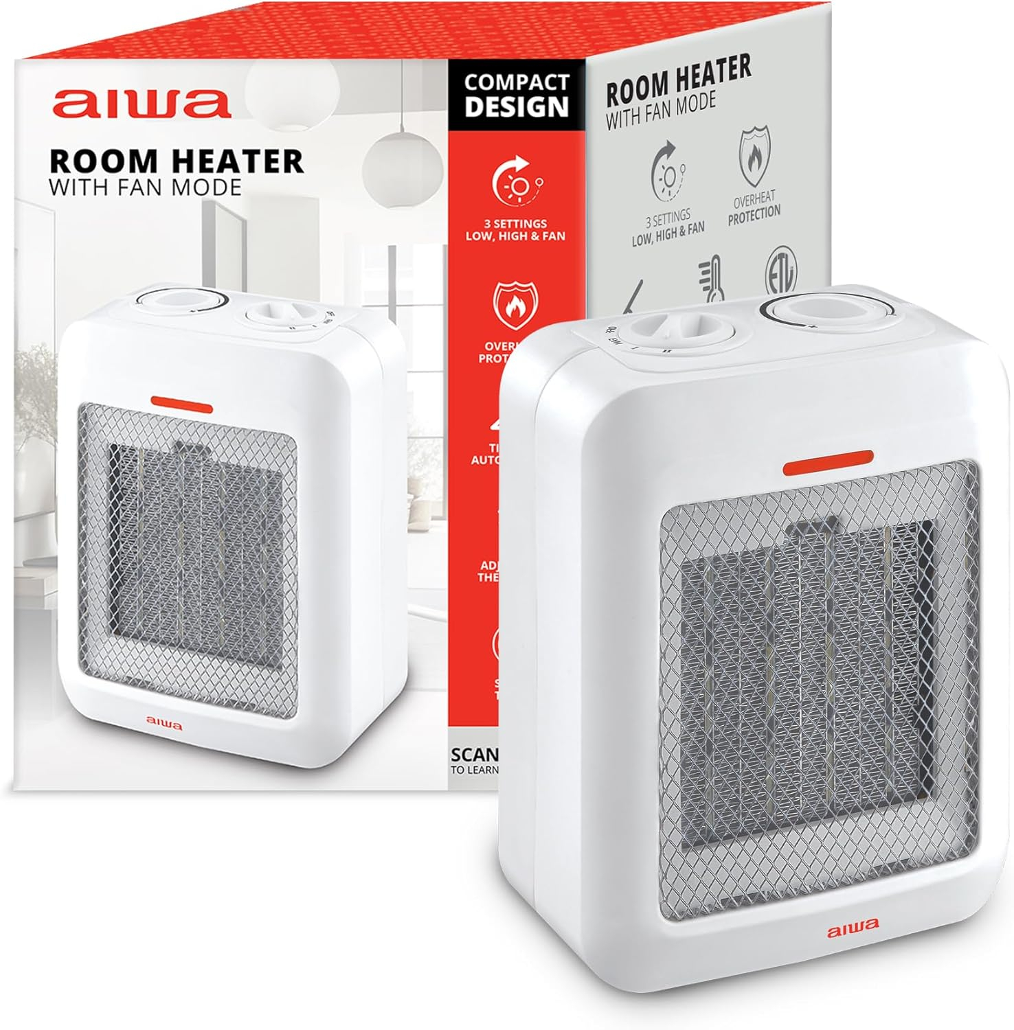 Aiwa 1500W Small Ceramic Room Heater, Overheat Protection, Tip over Auto Shutoff - Black