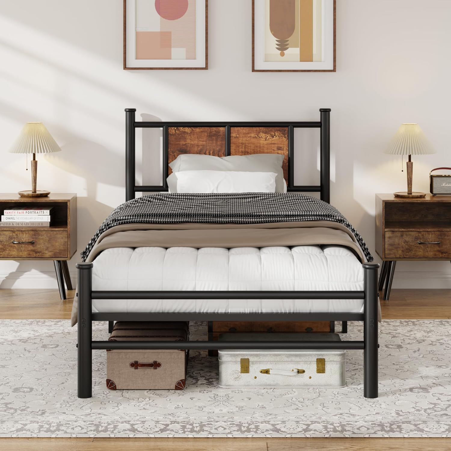 King Size Bed Frame with Rustic Wood Headboard, Metal Heavy Duty Platform, Sturdy Steel Slat Support, No Box Spring Needed, Black King Platform Bed Frame with Headboard
