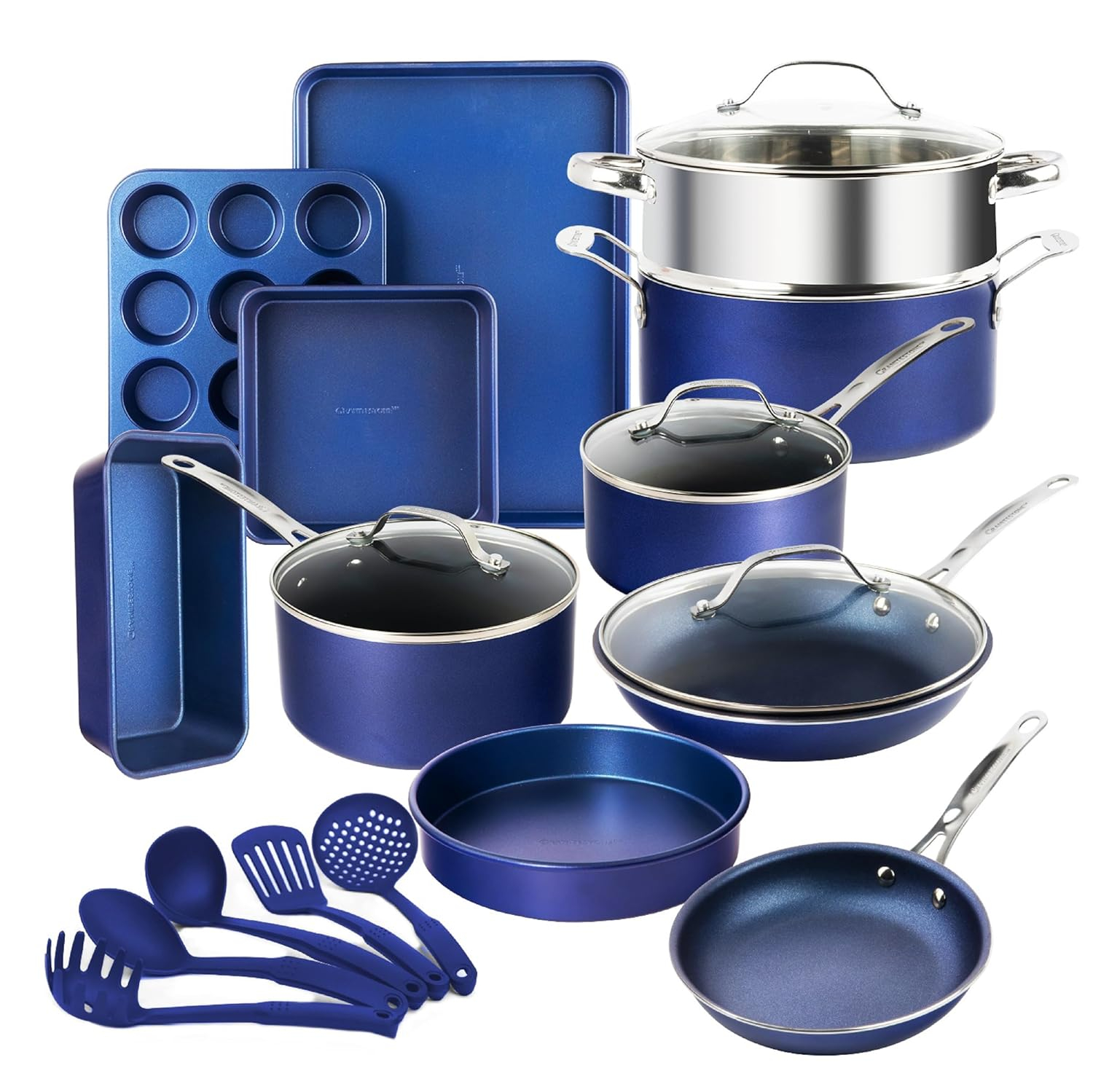 Blue Non-Stick Aluminum and Stainless Steel 20-Piece Cookware Set
