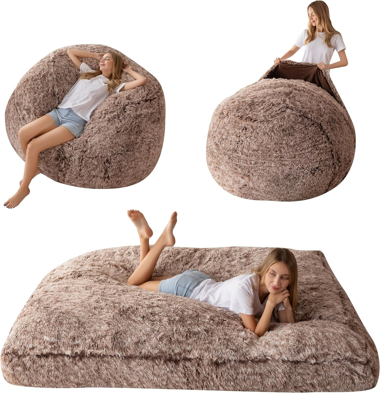 Large Faux Fur Convertible Bean Bag Chair and Bed