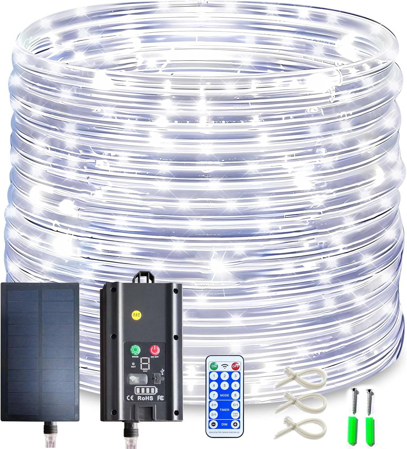 Solar Rope Lights, 99 Feet 1000 LED 8 Modes Solar Rope String Lights Outdoor Fairy Lights Waterproof Tube Lights with Solar Panel for Outdoor Indoor Home (1000LED, Cool White)
