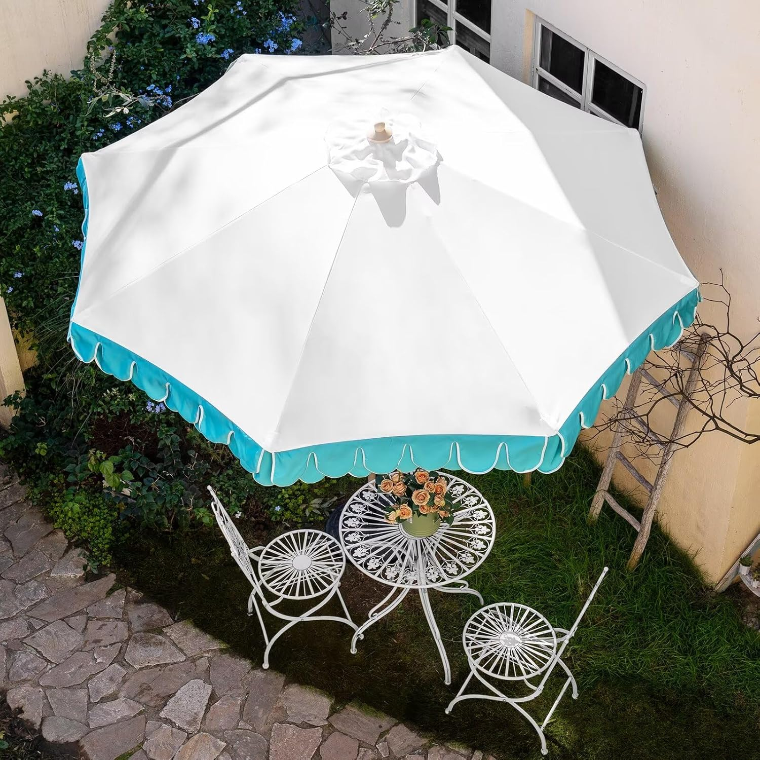 9Ft Elegant Valance Patio Umbrella, Outdoor Umbrellas for Patio with Auto-Tilt and Crank Systerm, Table Umbrella for Outdoors, Poolside,Beach, Backyard