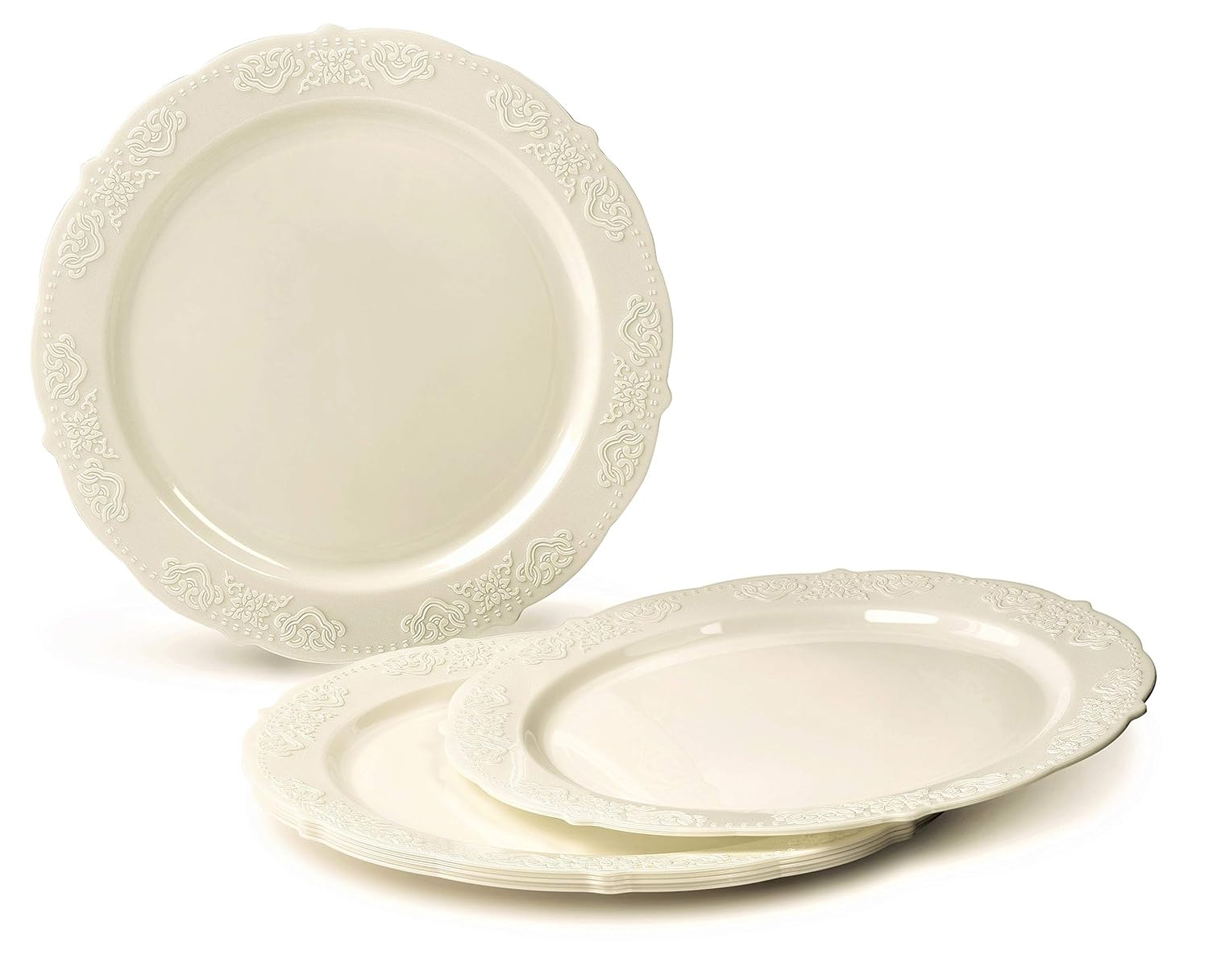 " OCCASIONS " 320 Piece set (40 Guests)-Vintage Wedding Party Disposable Plastic Plates & cutlery -40x10.25''+ 40x7.5'' +Gold Silverware + Gold rim Cups + Napkins (Portofino Plain Ivory)