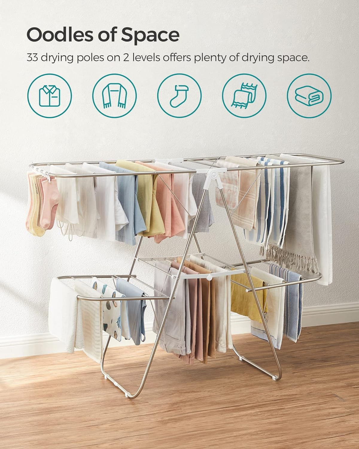SONGMICS Clothes Drying Rack, Foldable 2-Level Laundry Drying Rack, Free-Standing Large Drying Rack, with Height-Adjustable Wings, 33 Drying Rails, Sock Clips, Silver and White ULLR053W01
