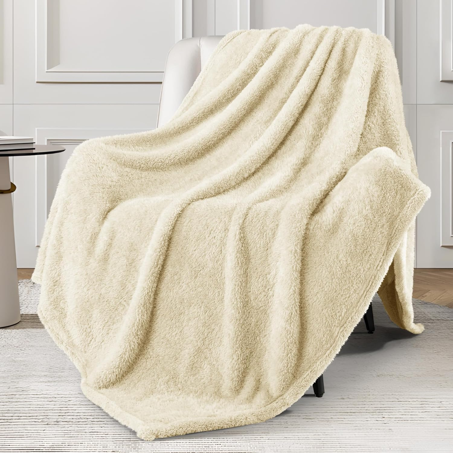 Exclusivo Mezcla Plush Fuzzy Large Fleece Throw Blanket (50" x 70", Beige)- Soft, Warm and Lightweight