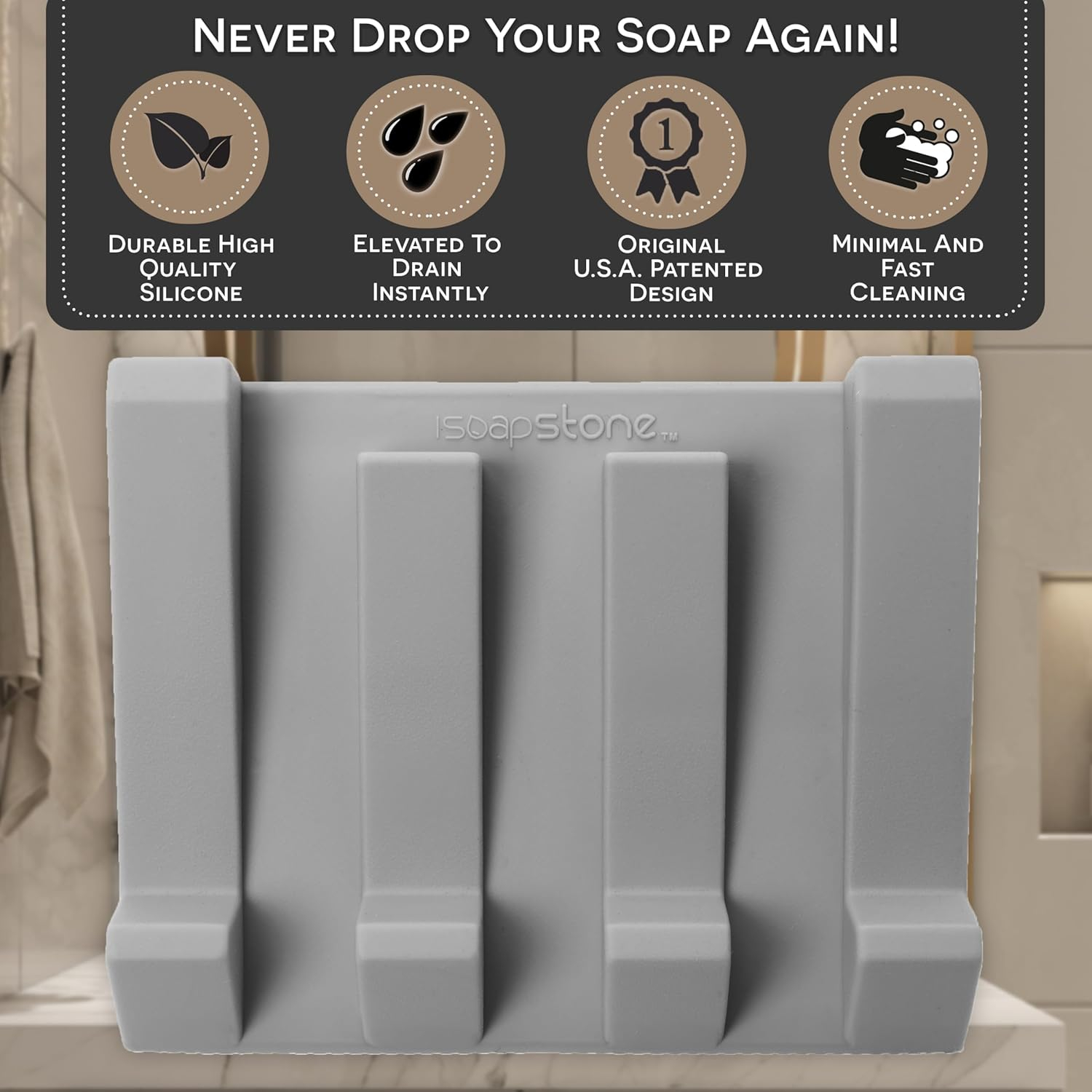 iSoapStone Premium Self-Draining Silicone Soap Dish: Waterfall Bar Holder Tray with Drain Saver, Anti-Slip Kitchen & Bathroom Accessory for Sponges and Bar Soaps - Patent-Pending Design (Light Grey)