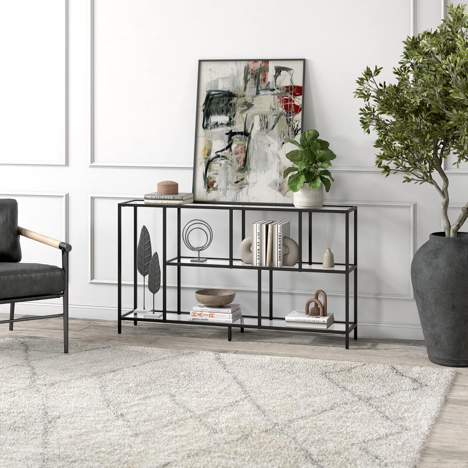 Evelyn&Zoe Winthrop 52" Wide Rectangular Console Table with Glass Shelves, Blackened Bronze