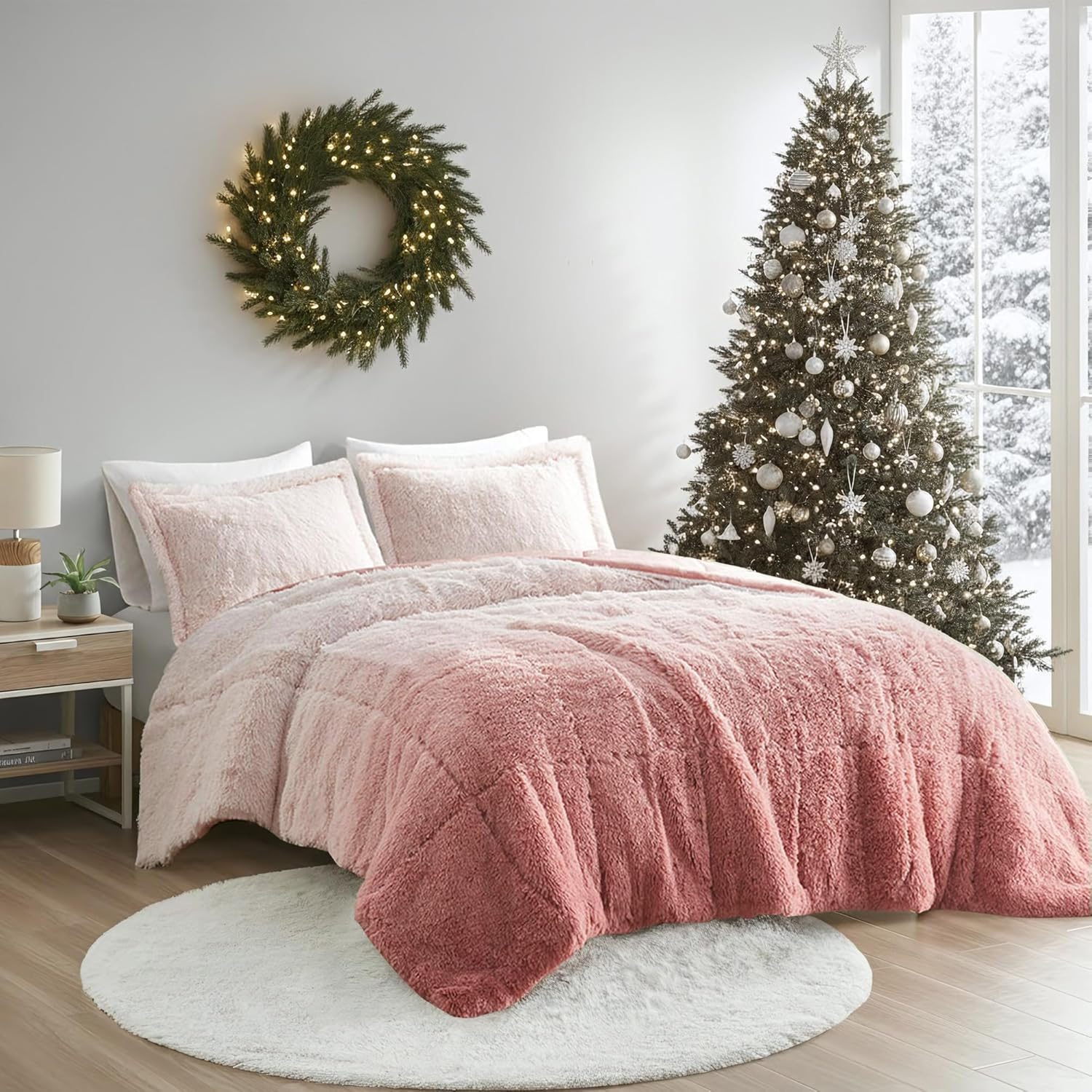 Intelligent Design King/Cal King Shaggy Faux Comforter Set, Long Fur Wave Spring Comforter Bedding Set, 3-Piece Striped Ombre Design Warm Bed Set, Blush