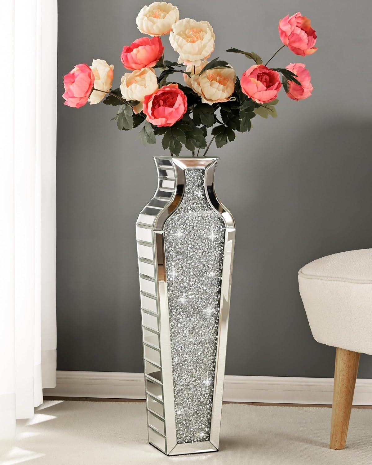 SHYFOY Tall Crushed Diamond Floor Vase Large Silver Mirror Vases for Decor Living Room Floor, Luxury Container for Dried Flower Arrangements Decor, 26.8 inches