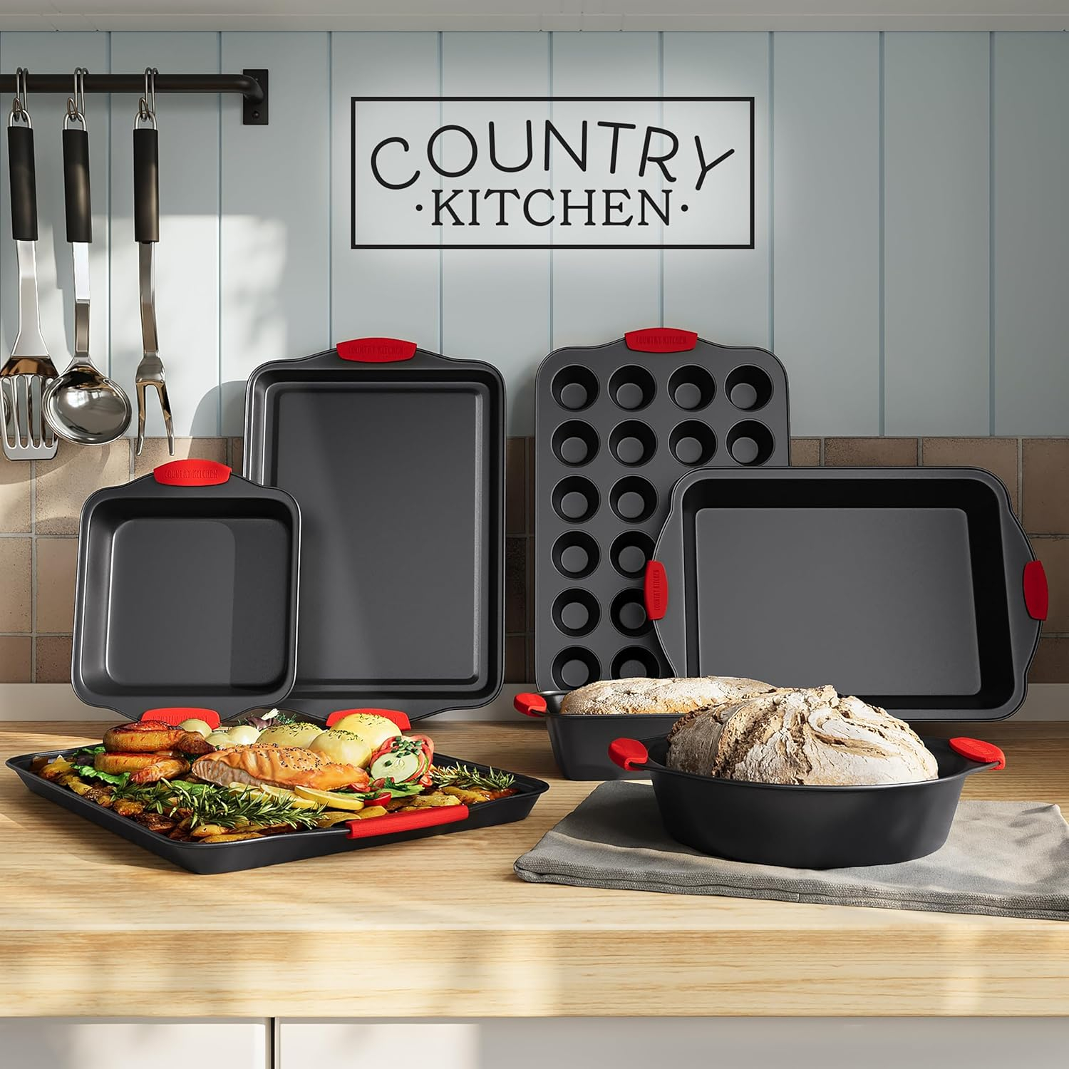 Nonstick Stackable Bakeware Set - Durable, Easy Release Baking Set, Red, 10 Pcs