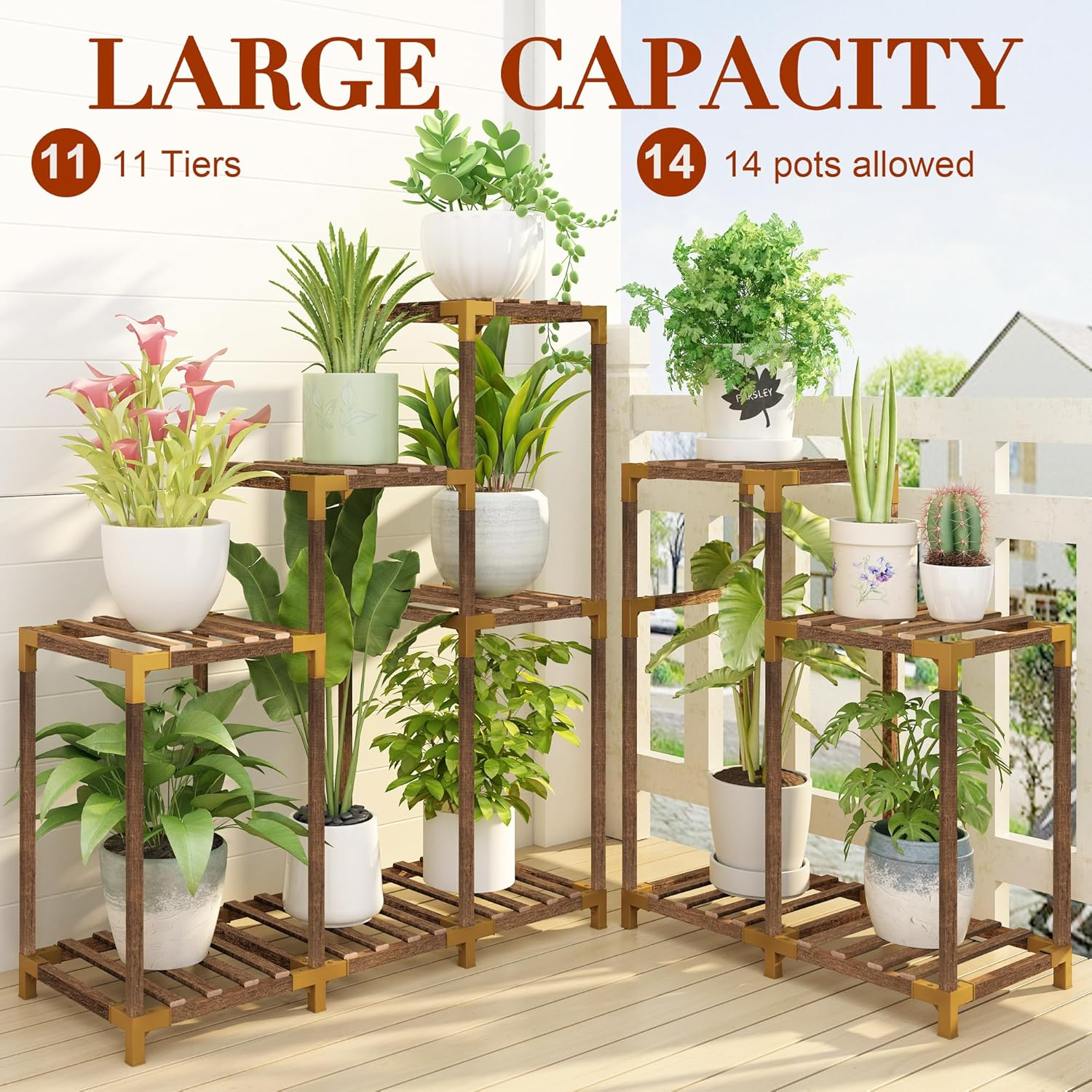 HOMKIRT Plant Stand Indoor Outdoor, 11 Tier Corner Plant Shelf With Upgraded Space For Tall Plants Large Wooden Plant Rack Holder Ladder Plant Organizer For Patio Porch Garden Living Room