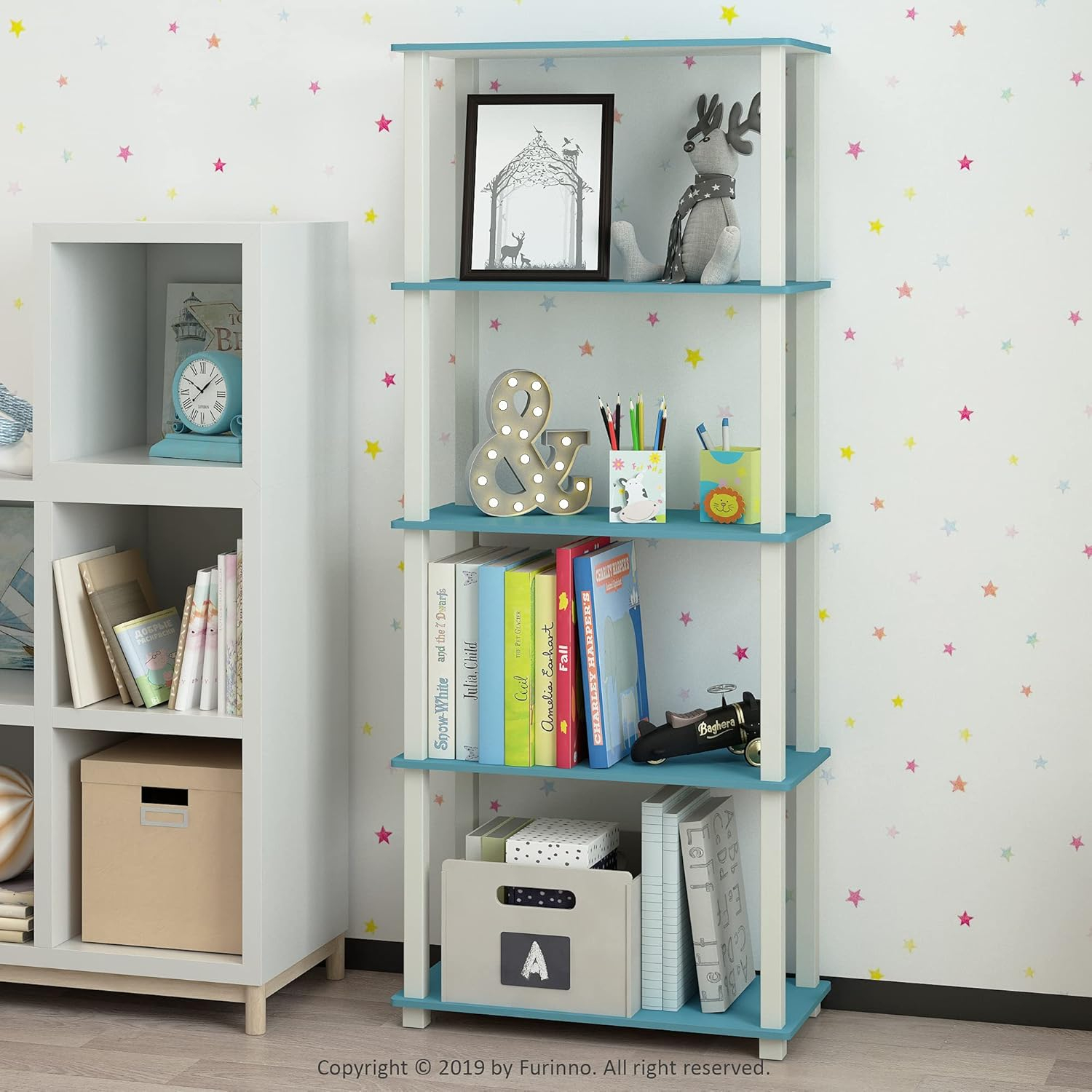 Furinno Turn-S-Tube 5-Tier Square Tubes Display Shelf, Light Blue/White