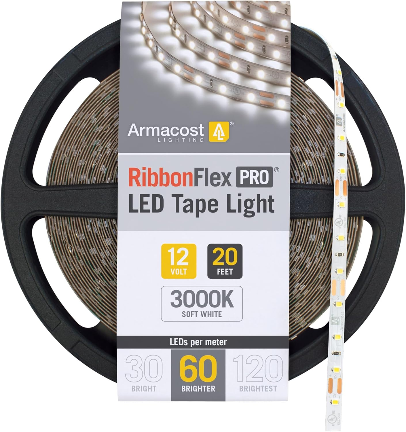 Armacost Lighting  RibbonFlex Pro 12V White LED Strip Light Tape 60 LEDs/m 20 ft (6m) - 3000K