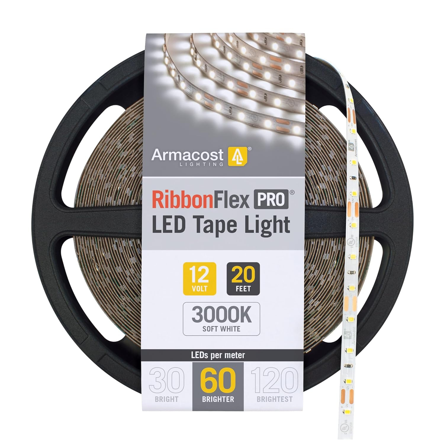 Armacost Lighting  RibbonFlex Pro 12V White LED Strip Light Tape 60 LEDs/m 20 ft (6m) - 3000K