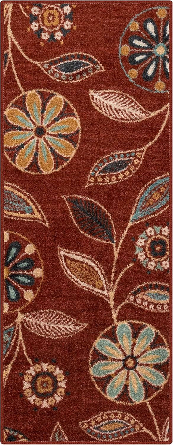 Maples Rugs - Reggie Bohemian Floral Washable Indoor Runner Rugs, 1'8 x 5', Red