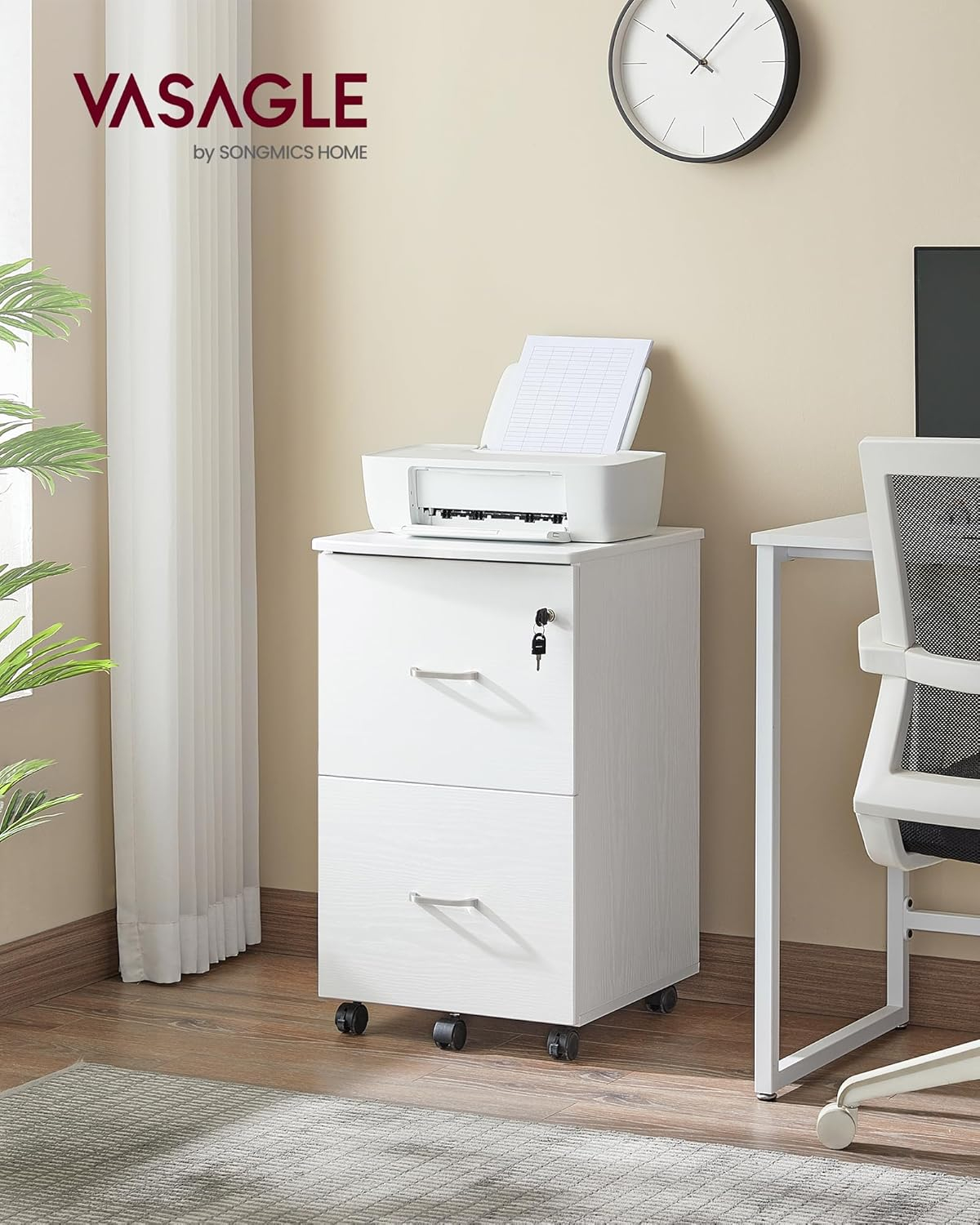 VASAGLE 2-Drawer File Cabinet, Locking Filing Cabinet for Home Office, Small Rolling File Cabinet, Printer Stand, for A4, Letter-Size, Assembly Required, Honey Brown and Ink Black ULCD027T46V2