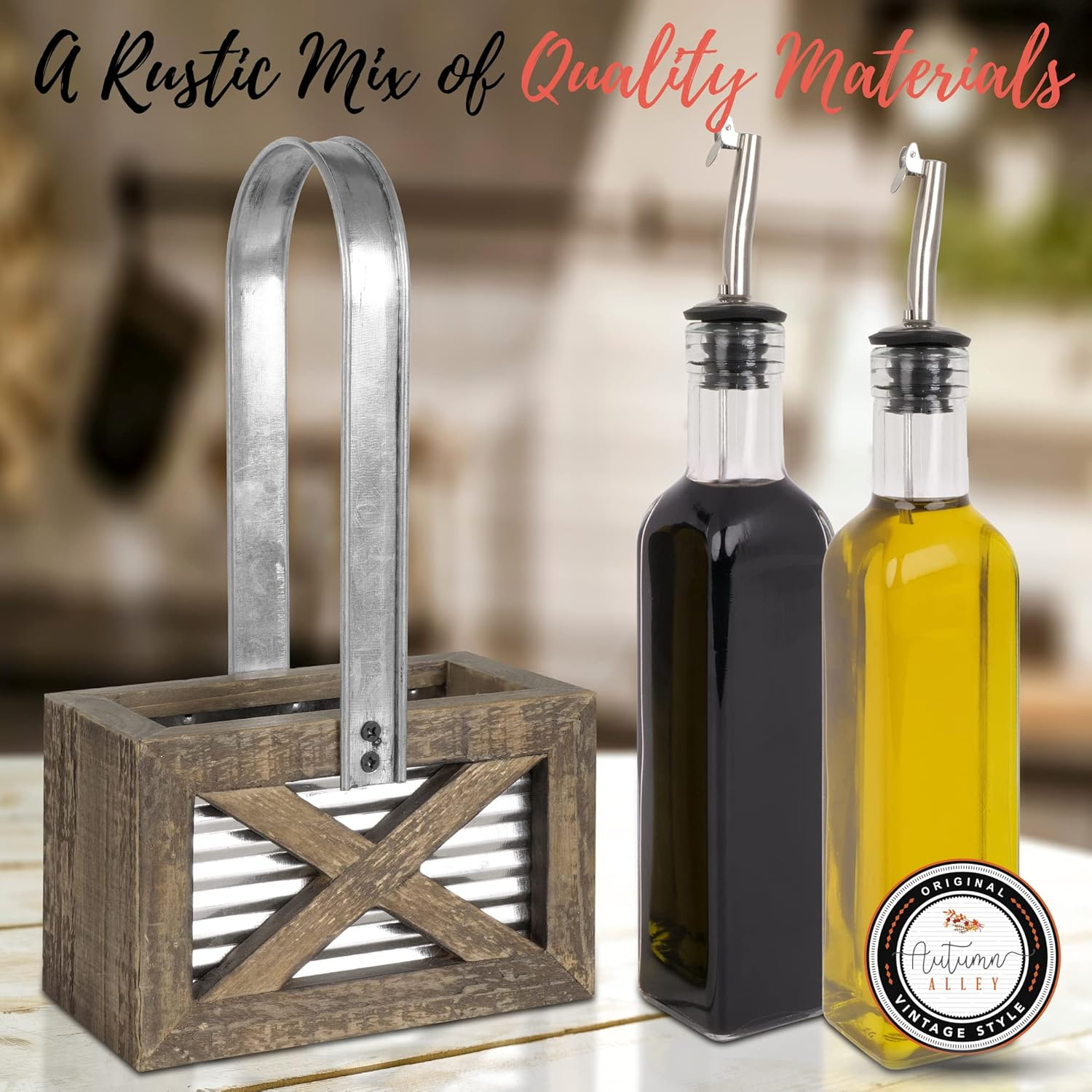 Autumn Alley Rustic Farmhouse Oil and Vinegar Dispenser Set with Galvanized Holder – Farmhouse Kitchen Decor