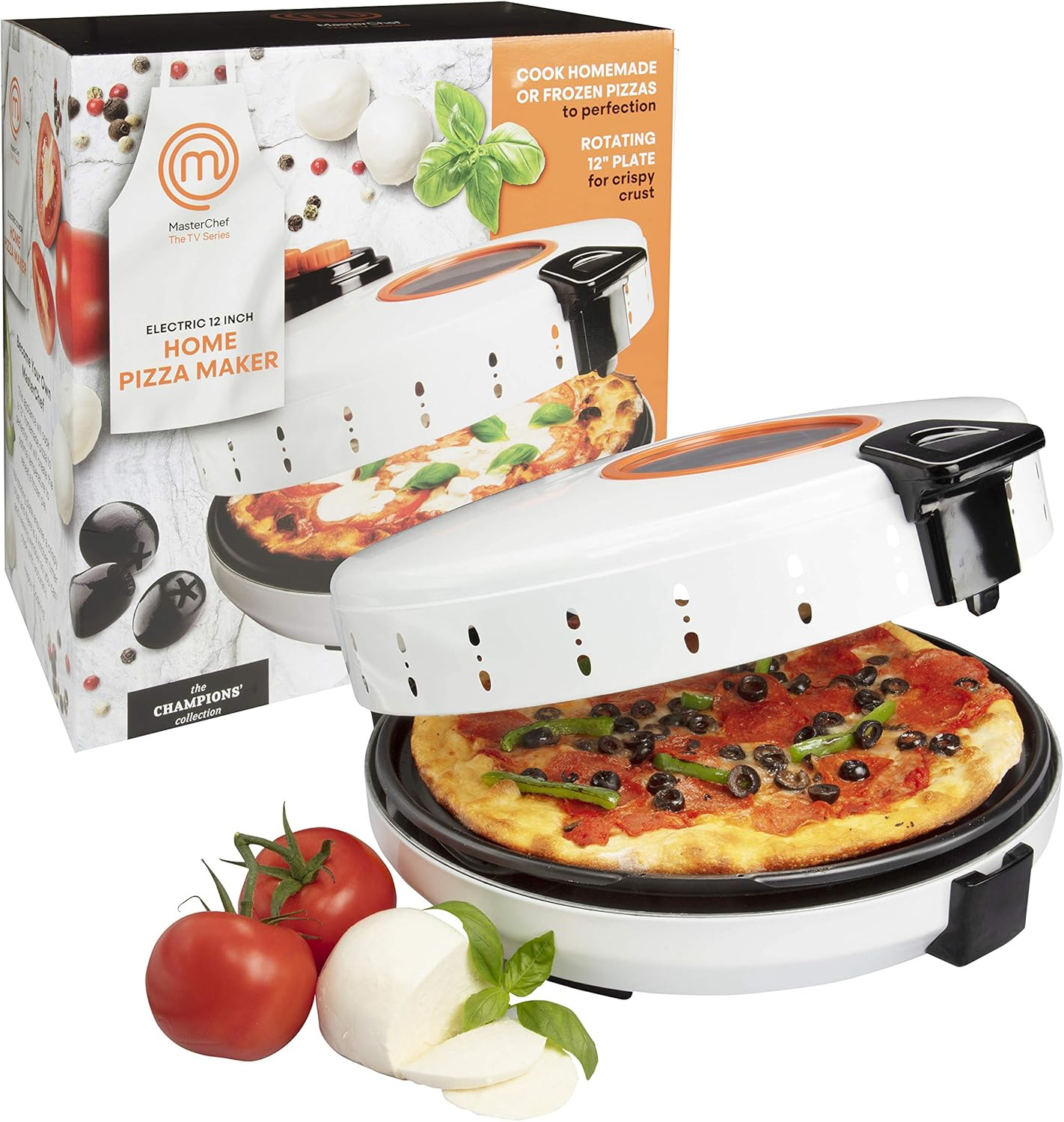 MasterChef Electric 12" Pizza Maker- Cook Homemade Calzones, Quesadillas & Cookies! Rotating Nonstick Plate for Even Baking- Adjustable Temp Control for Crispy Crust- Indoor or Outdoor Parties & Gifts