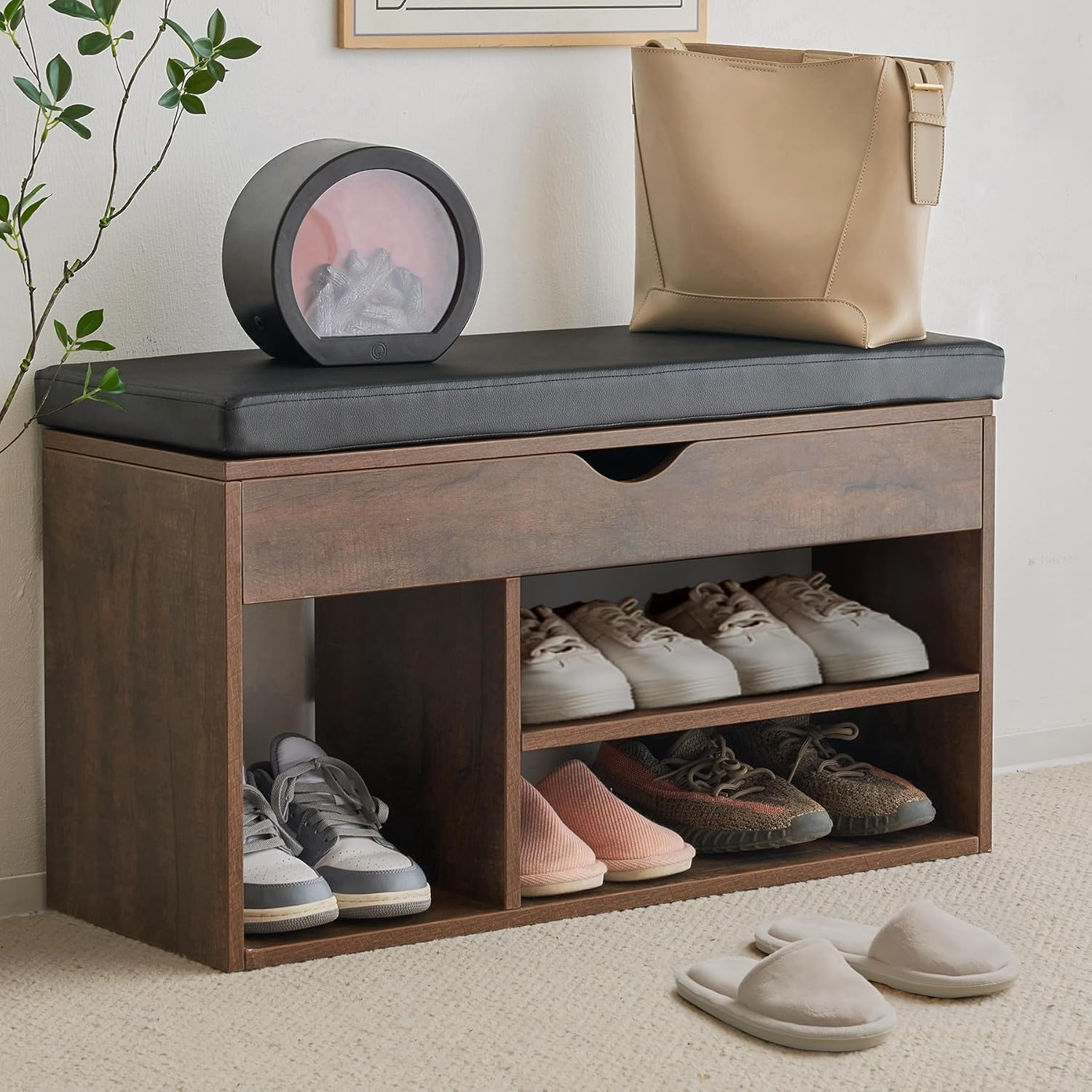 Apicizon 31 Inches Storage Bench, Shoe Bench with Flip Top Storage Space and Padded Cushion, Wooden Entryway Bench for Entryway, Living Room, 2-Tier Shoe Rack Organizer, Brown