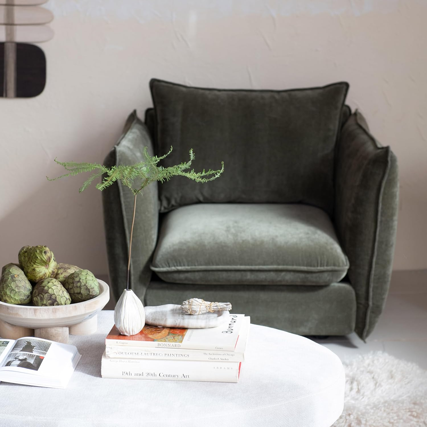 Moss Green Fabric Barrel Accent Chair with Removable Pillow