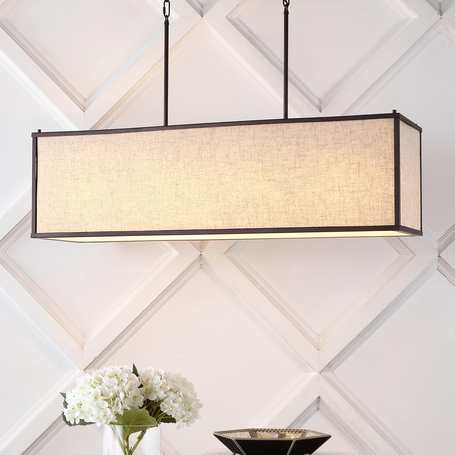 JONATHAN Y JYL1312A Cole 42" 4-Light Rectangular Linen Iron Linear LED Pendant, Farmhouse, Industrial, Coastal, Contemporary, Modern, Minimalist for Bedroom, Living Room, Office, Oil Rubbed Bronze