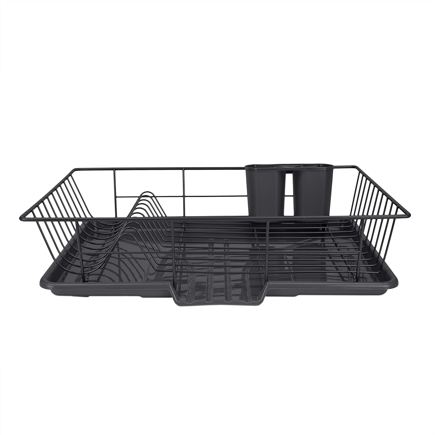 Home Basics Dish Drying Rack (Black) Dish Drainers for Kitchen Counter | with Sloping Tray and Utensil Holder | Big Dish Drying Rack