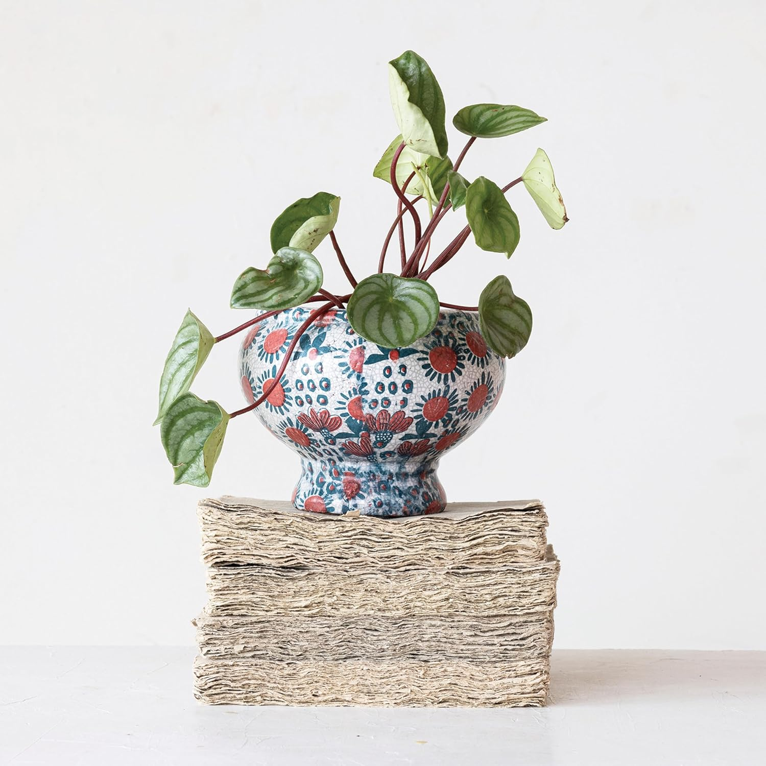 Creative Co-Op Decorative Printed Terra-cotta Footed Planter and Crackle Glaze, Multicolor