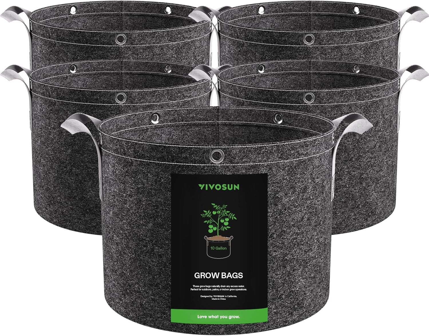 VIVOSUN 5-Pack 3 Gallon Grow Bags, 500G Thick Nonwoven Fabric Pots with Strap Handles, Multi-Purpose Rings, for Low Stress Plant Training Fruits, Vegetables, and Flowers