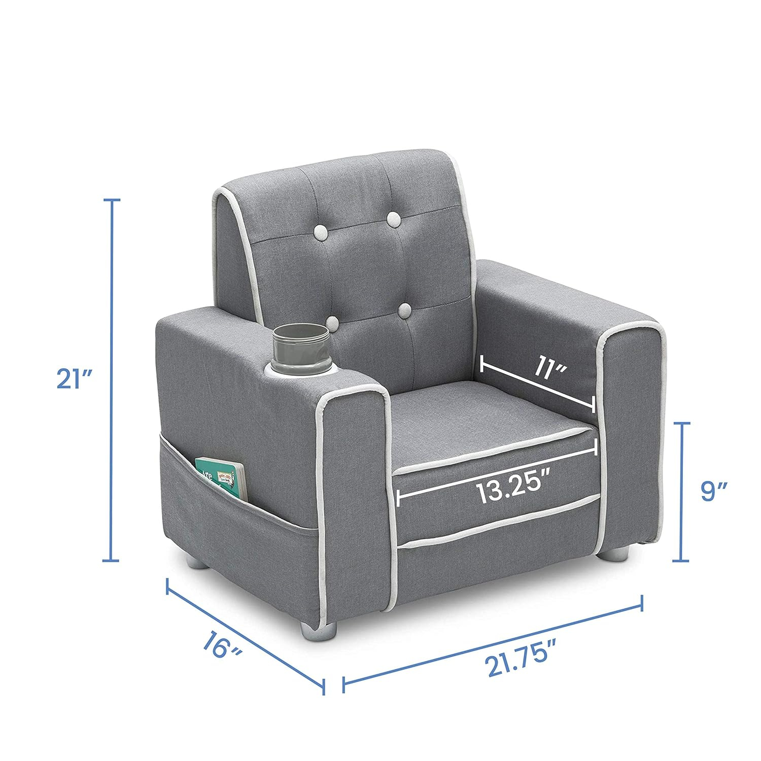 Delta Children Chelsea Kids Upholstered Chair with Cup Holder, Soft Grey