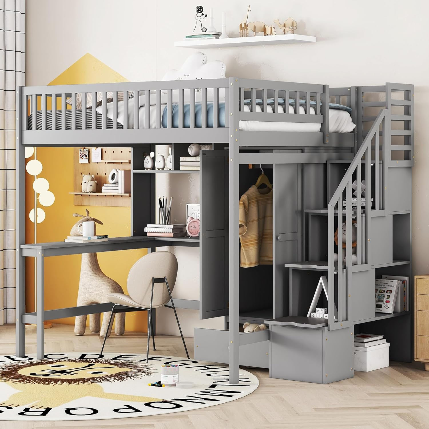 Bellemave Full Size Loft Bed with Stairs and Wardrobe, Wood Loft Beds Frame with Desk and Storage Drawers, Stairway Loft Bed for Kids, Teens & Adults（Gray）