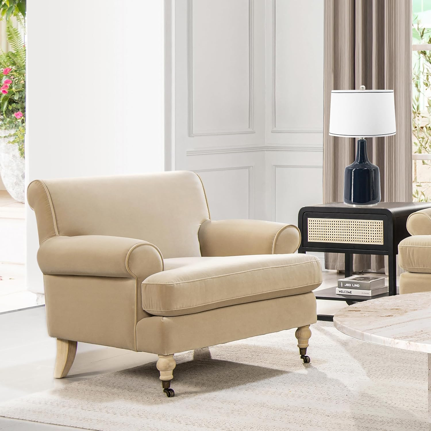 Jennifer Taylor Home Alana 38" Lawson Large Living Room Accent Arm Chair with Metal Casters, Fawn Brown