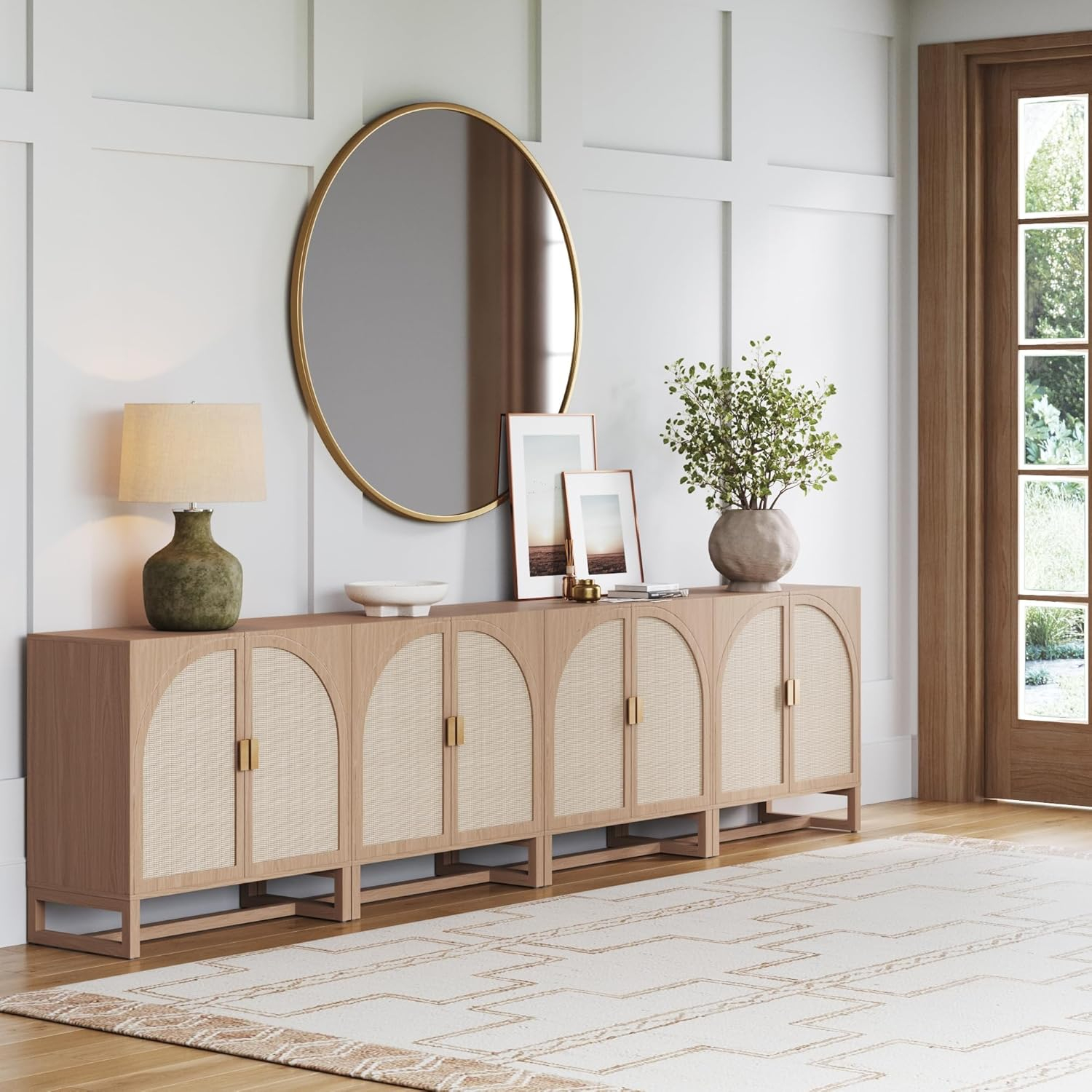 Nathan James Paxton Mid-Century Modern Wood Storage Cabinet with Doors, Arched Storage Cabinet for Living Room or Kitchen with Rattan Door Details, Raw Oak Set of 4