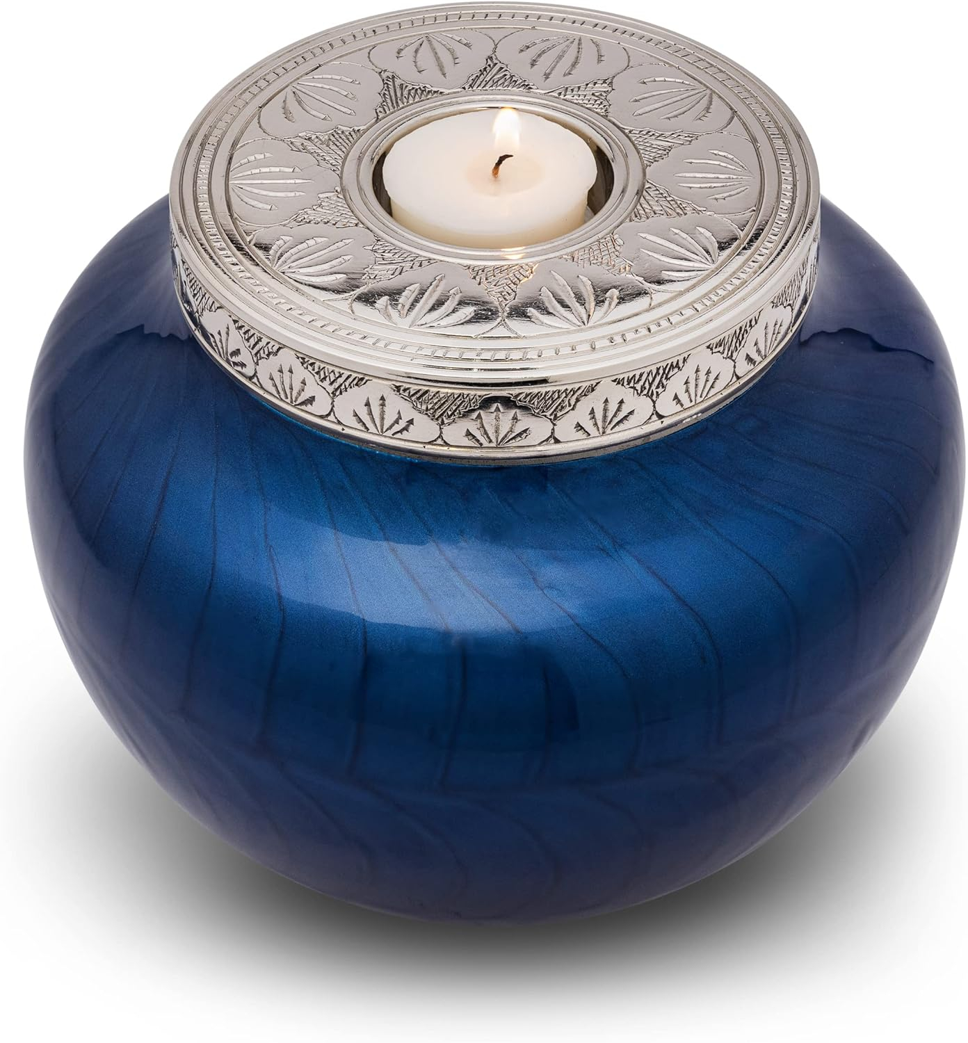 FOVERE – Mini Keepsake Urn for Human Ashes - Small Blue Cremation Urns with Elegant Silver Engraving – Holds a Small Portion of Ashes – 100% Handcrafted Decorative Urns for Human Ashes – Navy Blue