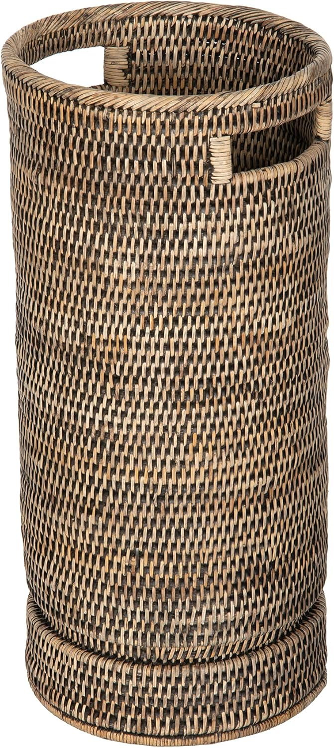 Kouboo La Jolla Rattan Round Handmade Umbrella Holder Freestanding Cane Stand Decorative, Catch, Stand For Entryway, Black Wash