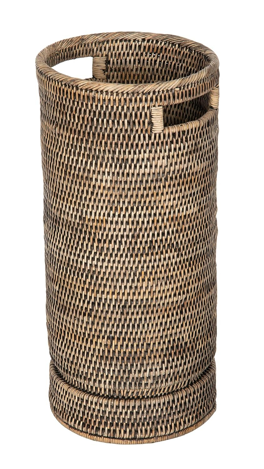 Kouboo La Jolla Rattan Round Handmade Umbrella Holder Freestanding Cane Stand Decorative, Catch, Stand For Entryway, Black Wash
