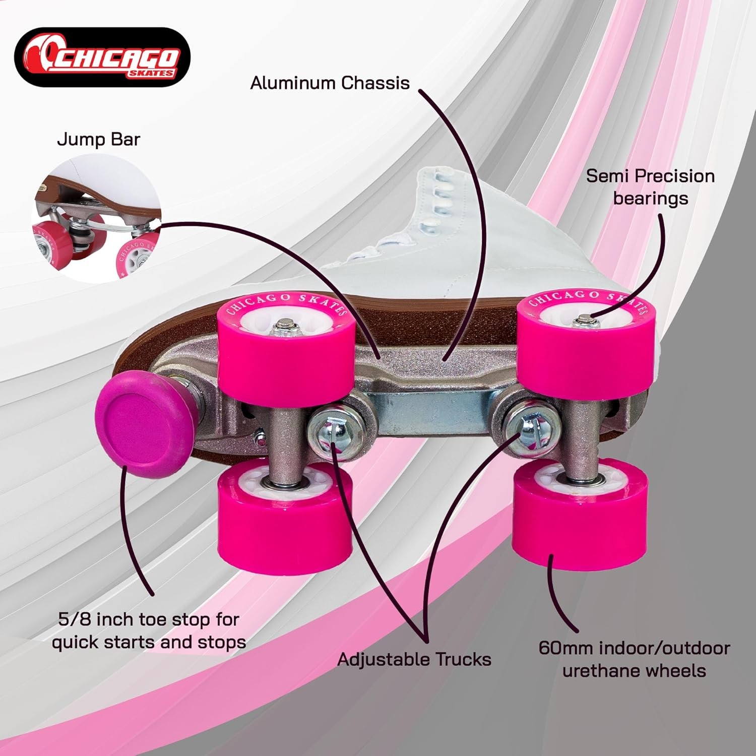 White Leather Quad Roller Skates with Pink Polyurethane Wheels