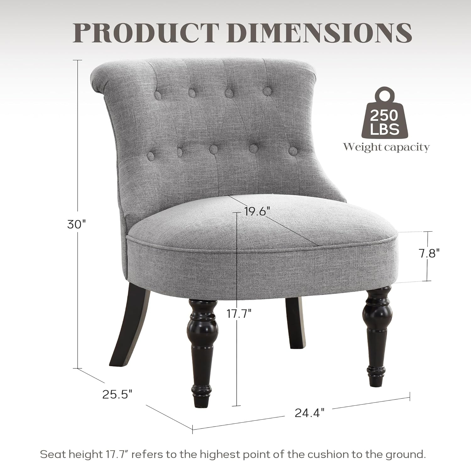 Gray Tufted Armless Accent Chair with Wood Legs