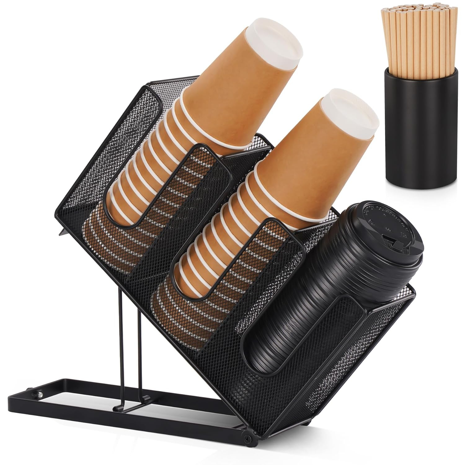 Paper Cup and Lid Holder with Straw Organizer, Disposable Coffee Cup Dispenser for Countertop Coffee Station Bar Restaurant Breakroom, Black